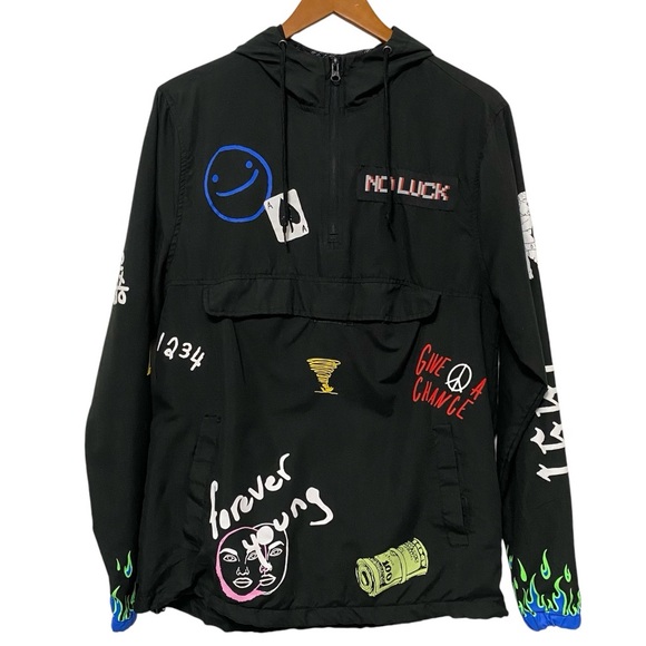 Rue 21 No Luck Forever Young Graphic Hoodie Anorak Windbreaker Jacket Mens Small - Picture 1 of 17